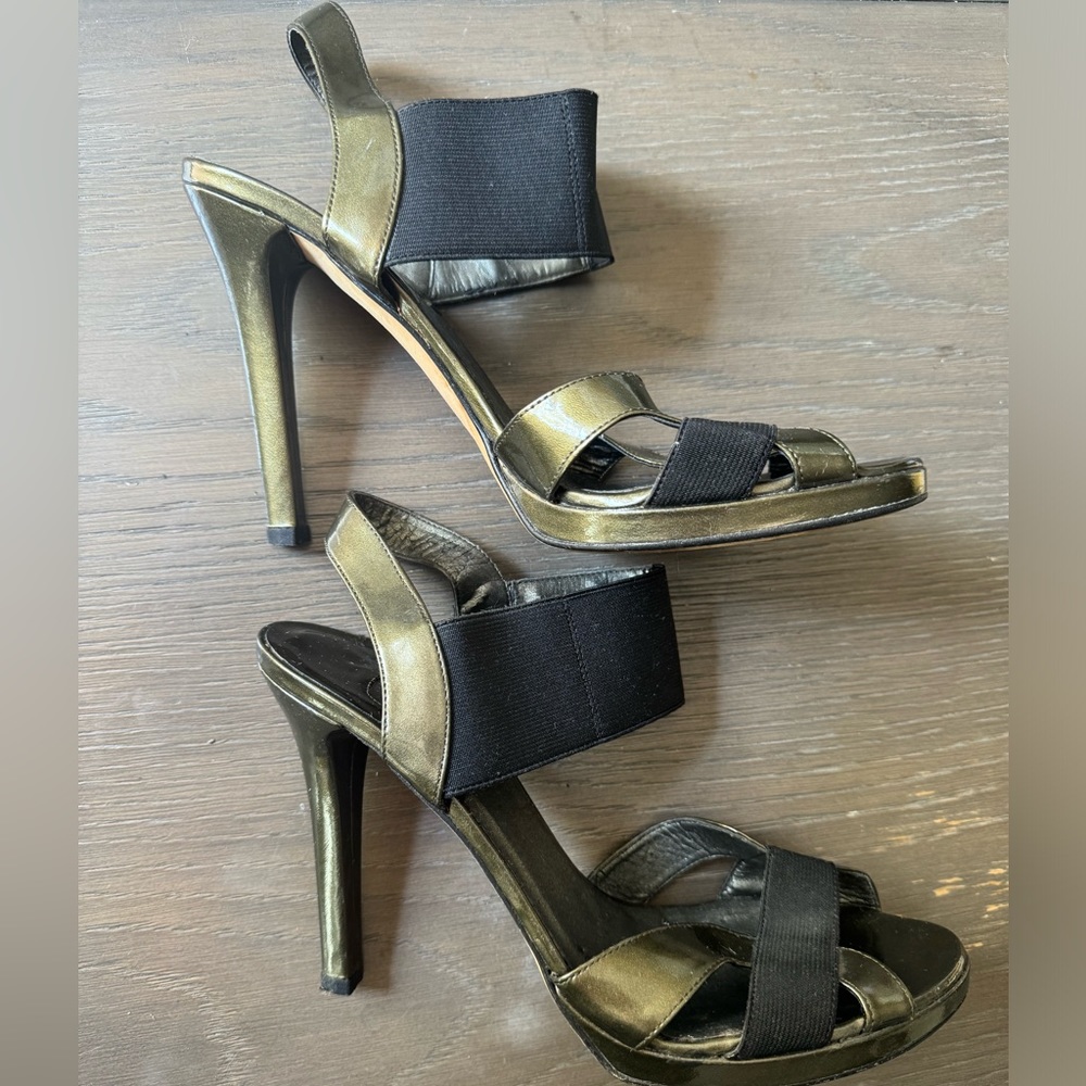 Vaneli Mixed Material Metallic Sling Back Stiletto Sandals
